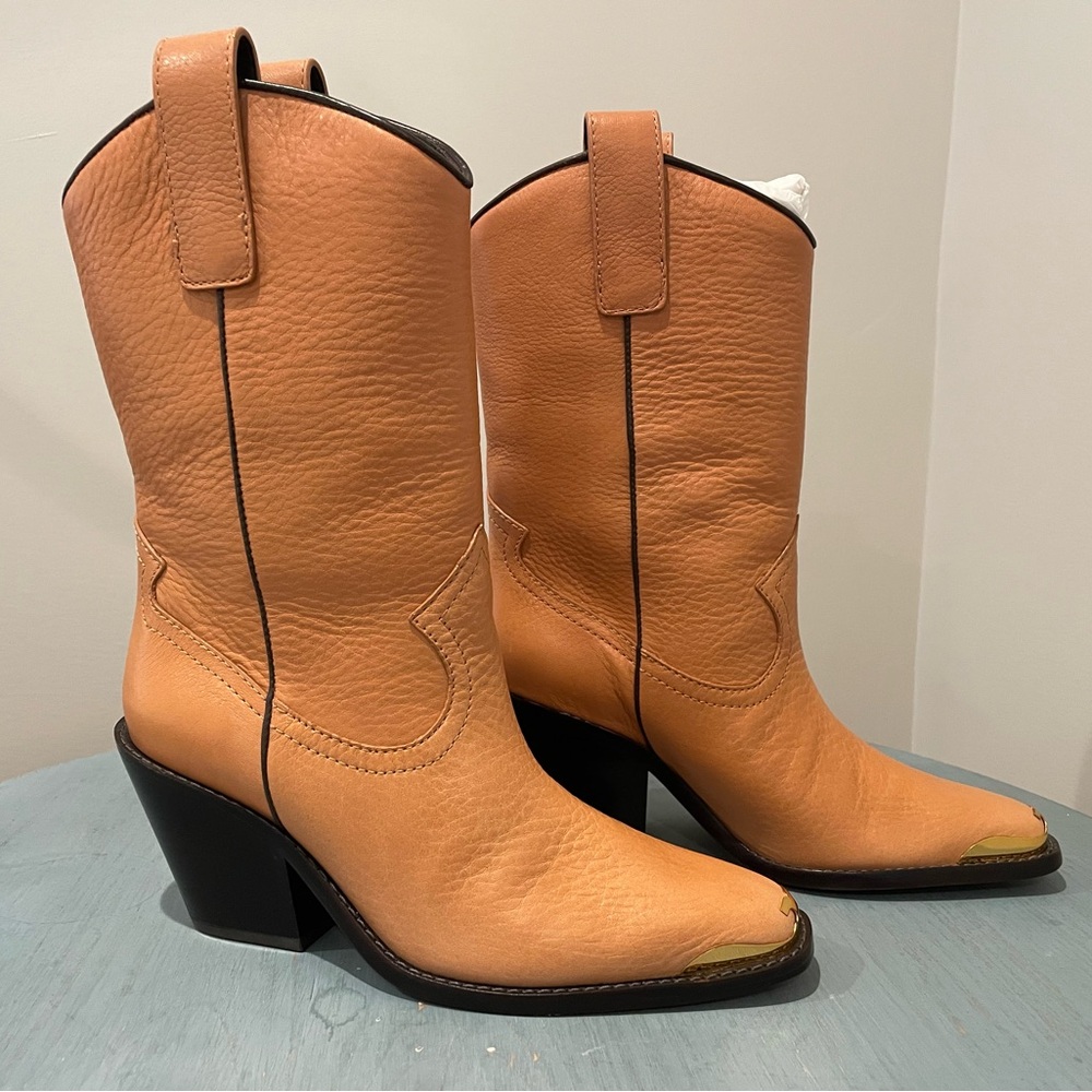 Tory Burch Western Leather Mid Boot, NWT, Size: 6.5, Color: Brandy Nevada